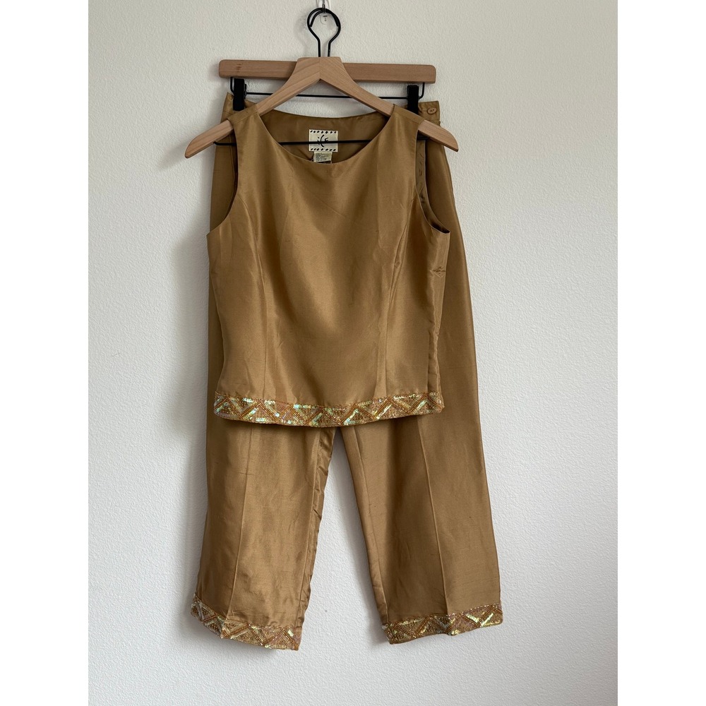 ICE Vintage Gold Silk 2pc Pants Set 8 S Beaded Sequin Evening Luxury Co-ord